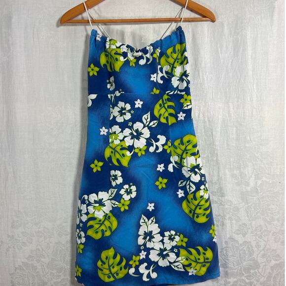 Vintage Dresses & Skirts - Vintage Mini Dress Medium Blue Green Tropical Floral USA Beach Surf Hawaiian
